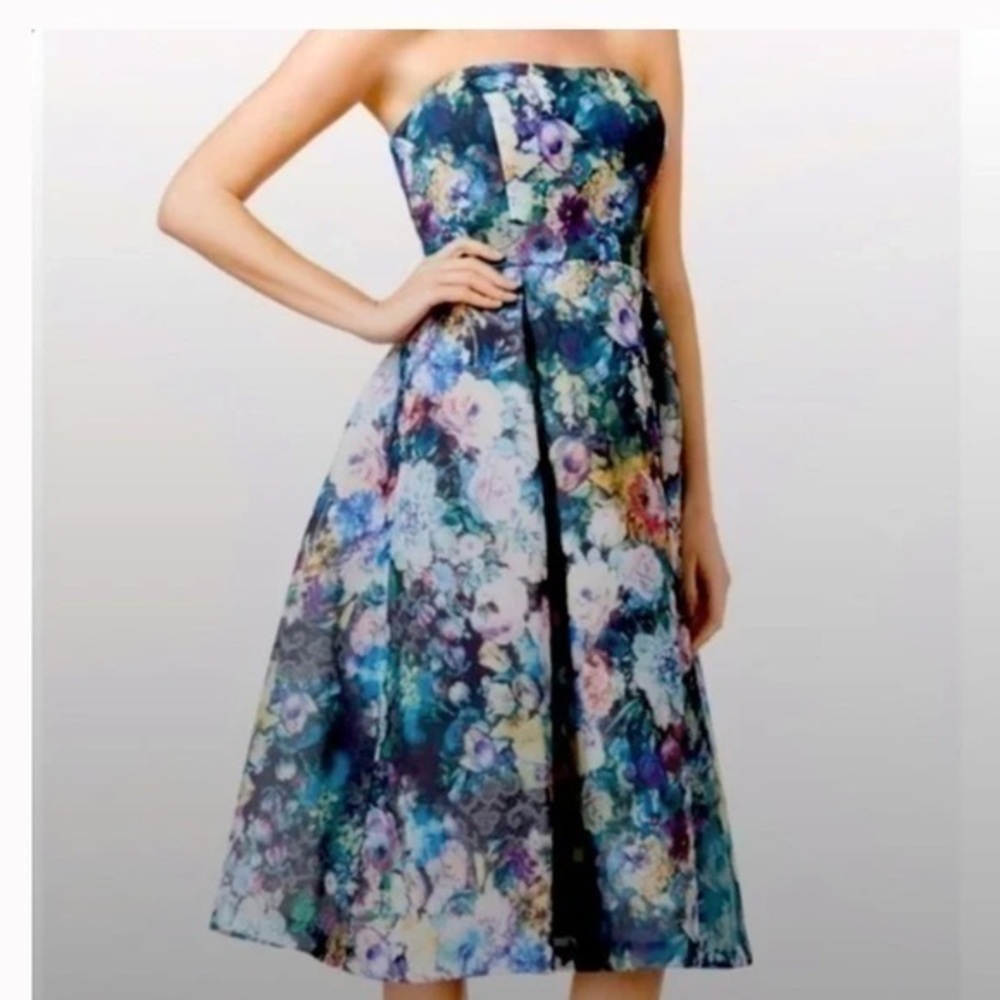 Calvin Klein Strapless Printed Flower Pleated Scuba Dress 2